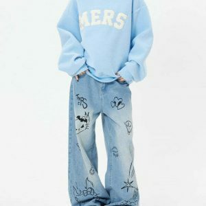 Trendy Grunge Aesthetic Cat Jeans in Blue - Stacked Ripped Baggy Y2K Streetwear Style