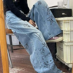 Trendy Grunge Aesthetic Cat Jeans in Blue - Stacked Ripped Baggy Y2K Streetwear Style