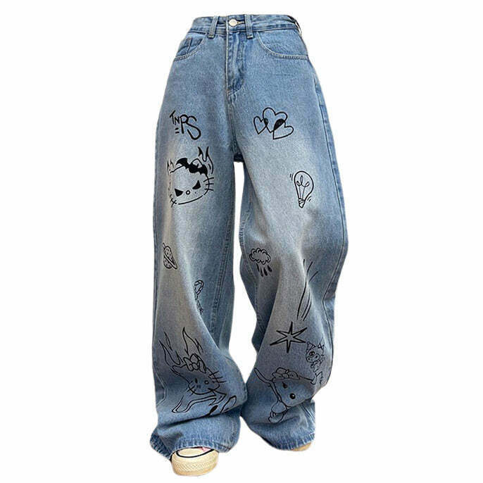 Trendy Grunge Aesthetic Cat Jeans in Blue - Stacked Ripped Baggy Y2K Streetwear Style