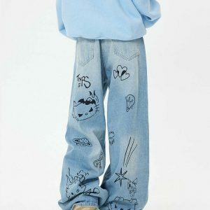 Trendy Grunge Aesthetic Cat Jeans in Blue - Stacked Ripped Baggy Y2K Streetwear Style