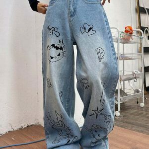 Trendy Grunge Aesthetic Cat Jeans in Blue - Stacked Ripped Baggy Y2K Streetwear Style