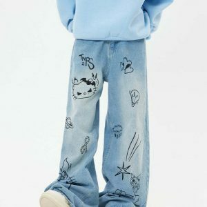 Trendy Grunge Aesthetic Cat Jeans in Blue - Stacked Ripped Baggy Y2K Streetwear Style