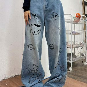 Trendy Grunge Aesthetic Cat Jeans in Blue - Stacked Ripped Baggy Y2K Streetwear Style