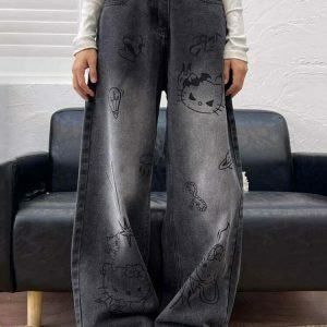 Trendy Grunge Aesthetic Cat Jeans with Ripped Details - Stylish Y2K Streetwear for All