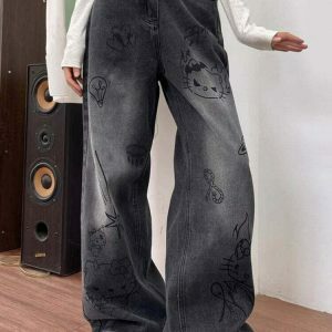 Trendy Grunge Aesthetic Cat Jeans with Ripped Details - Stylish Y2K Streetwear for All