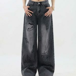 Trendy Grunge Aesthetic Cat Jeans with Ripped Details - Stylish Y2K Streetwear for All