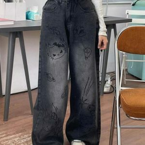 Trendy Grunge Aesthetic Cat Jeans with Ripped Details - Stylish Y2K Streetwear for All