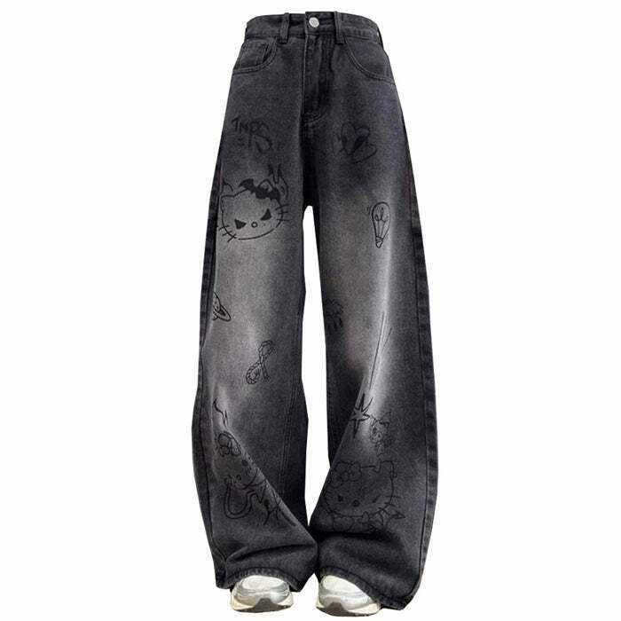 Trendy Grunge Aesthetic Cat Jeans with Ripped Details - Stylish Y2K Streetwear for All