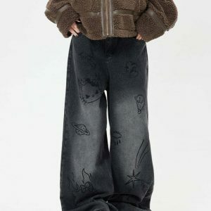 Trendy Grunge Aesthetic Cat Jeans with Ripped Details - Stylish Y2K Streetwear for All