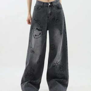 Trendy Grunge Aesthetic Cat Jeans with Ripped Details - Stylish Y2K Streetwear for All