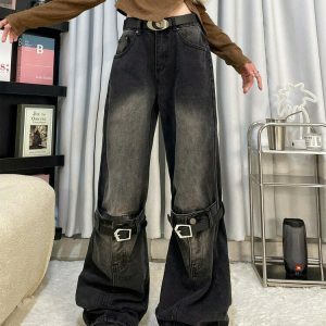 Trendy Grunge Aesthetic Knee Buckle Jeans - Low Rise Baggy Ripped Y2K Streetwear Style