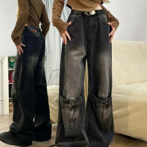 Trendy Grunge Aesthetic Knee Buckle Jeans - Low Rise Baggy Ripped Y2K Streetwear Style