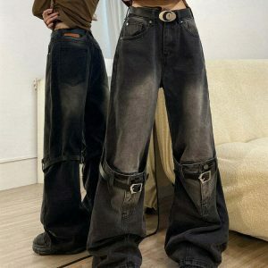 Trendy Grunge Aesthetic Knee Buckle Jeans - Low Rise Baggy Ripped Y2K Streetwear Style