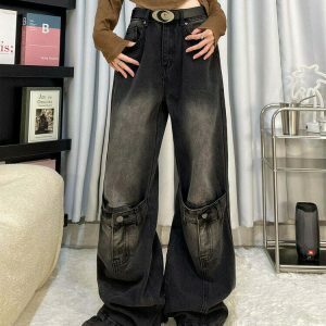 Trendy Grunge Aesthetic Knee Buckle Jeans - Low Rise Baggy Ripped Y2K Streetwear Style