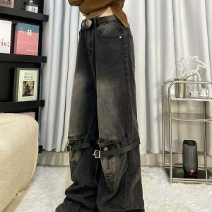 Trendy Grunge Aesthetic Knee Buckle Jeans - Low Rise Baggy Ripped Y2K Streetwear Style