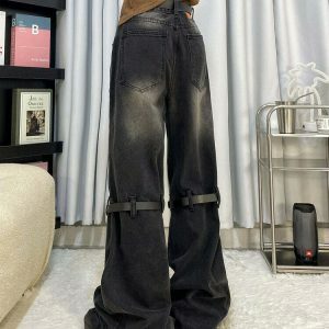 Trendy Grunge Aesthetic Knee Buckle Jeans - Low Rise Baggy Ripped Y2K Streetwear Style