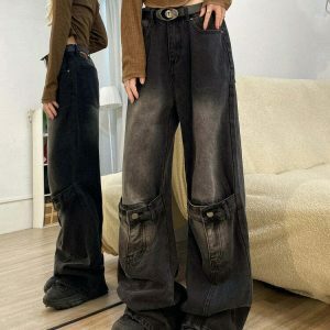 Trendy Grunge Aesthetic Knee Buckle Jeans - Low Rise Baggy Ripped Y2K Streetwear Style