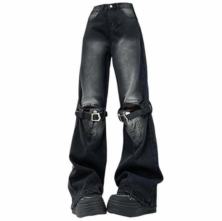 Trendy Grunge Aesthetic Knee Buckle Jeans - Low Rise Baggy Ripped Y2K Streetwear Style