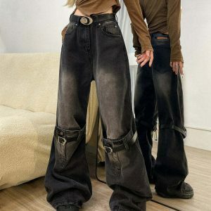 Trendy Grunge Aesthetic Knee Buckle Jeans - Low Rise Baggy Ripped Y2K Streetwear Style