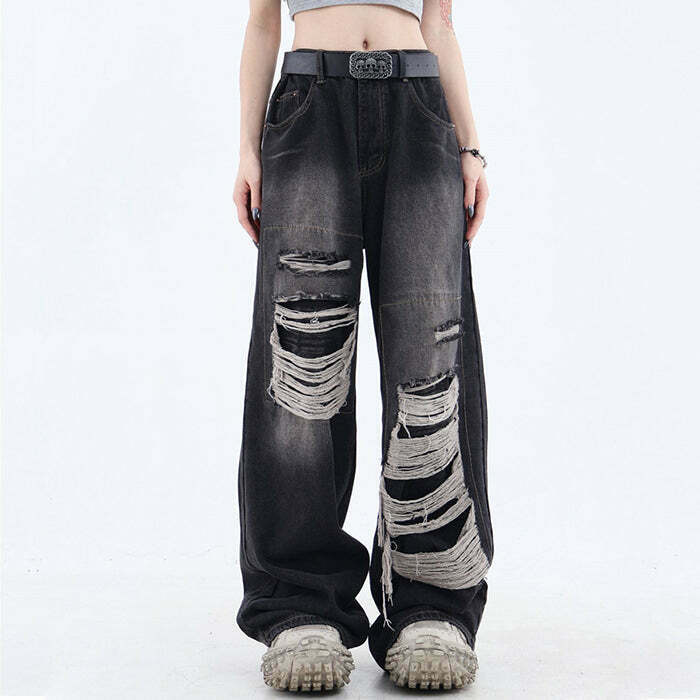 Trendy Grunge Aesthetic Ripped Wide Jeans - Low Rise Baggy Y2K Streetwear Style