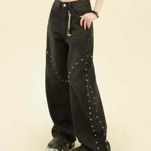 Trendy Grunge Aesthetic Rivet Jeans - Low Rise Baggy Y2K Style with Ripped Details