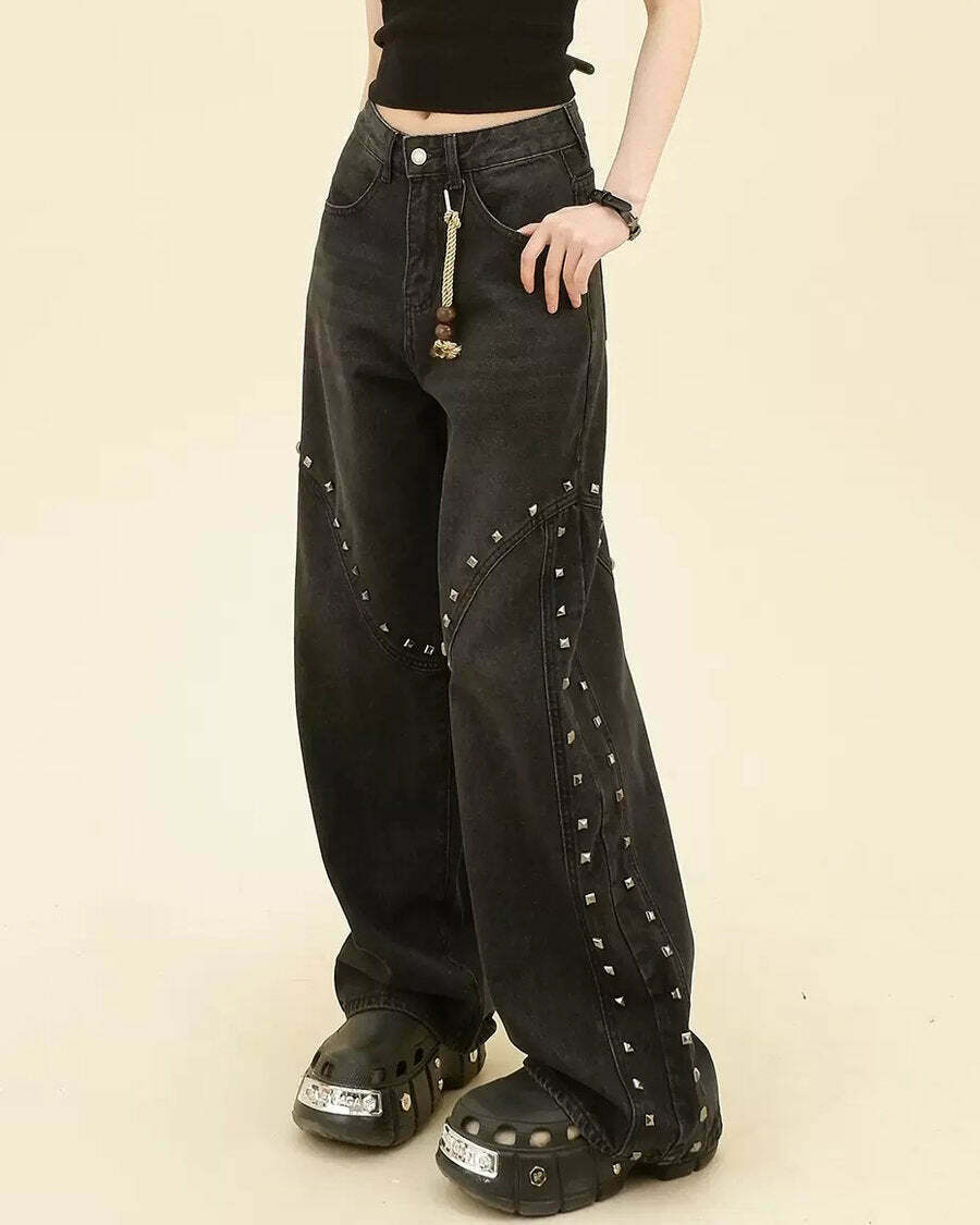 Trendy Grunge Aesthetic Rivet Jeans - Low Rise Baggy Y2K Style with Ripped Details