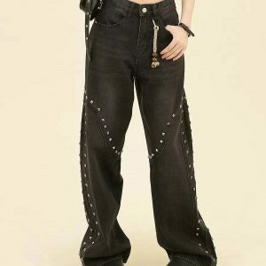 Trendy Grunge Aesthetic Rivet Jeans - Low Rise Baggy Y2K Style with Ripped Details