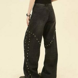 Trendy Grunge Aesthetic Rivet Jeans - Low Rise Baggy Y2K Style with Ripped Details