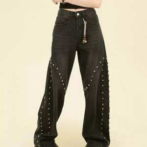 Trendy Grunge Aesthetic Rivet Jeans - Low Rise Baggy Y2K Style with Ripped Details