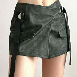 Trendy Grunge Aesthetic Safety Belt Wrap Skirt - Y2K Denim & Cargo Style for Streetwear