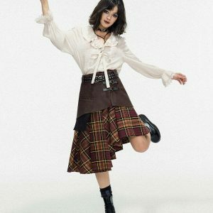 Trendy Grunge Asymmetrical Plaid Skirt - Y2K Streetwear with Drawstring Detail