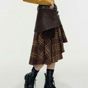 Trendy Grunge Asymmetrical Plaid Skirt - Y2K Streetwear with Drawstring Detail