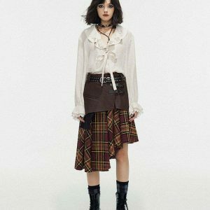 Trendy Grunge Asymmetrical Plaid Skirt - Y2K Streetwear with Drawstring Detail