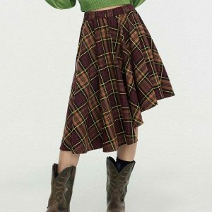 Trendy Grunge Asymmetrical Plaid Skirt - Y2K Streetwear with Drawstring Detail