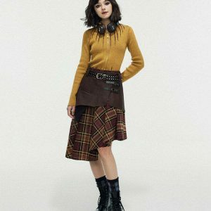 Trendy Grunge Asymmetrical Plaid Skirt - Y2K Streetwear with Drawstring Detail