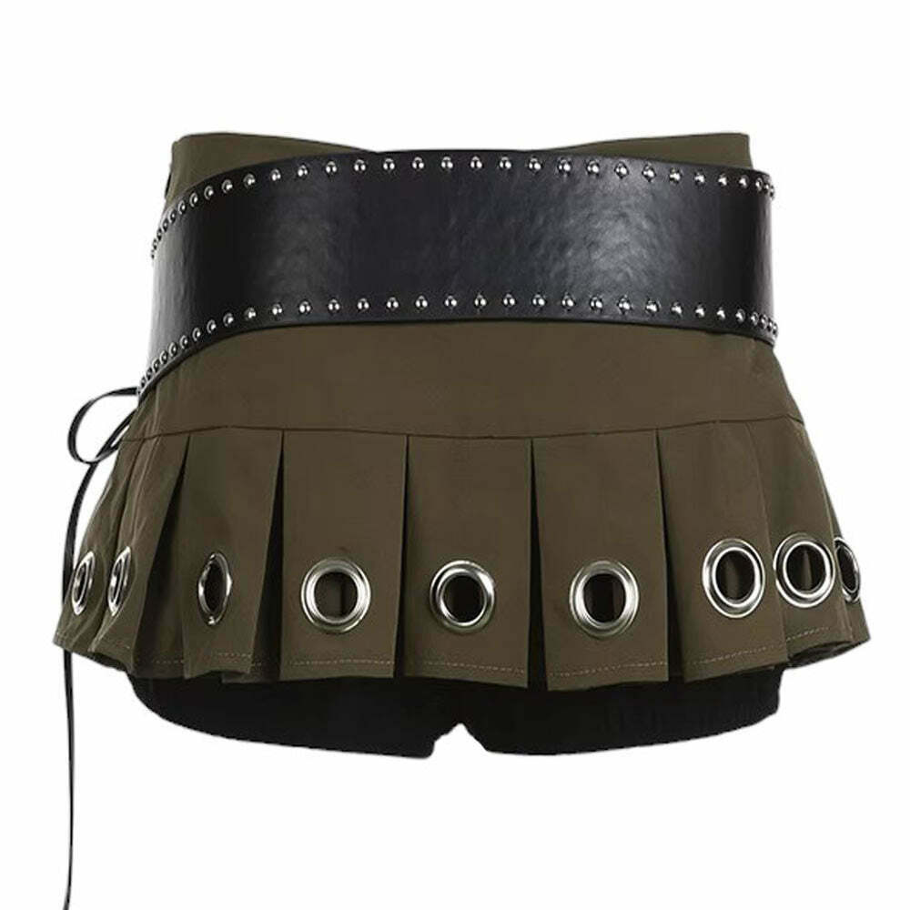 Trendy Grunge Eyelet Pleated Micro Skirt in Grey - Y2K Streetwear Bubble Skirt Style