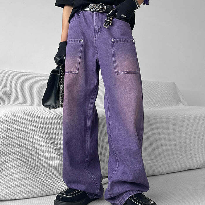 Trendy Grunge Purple Baggy Jeans for Y2K Streetwear - Stacked Ripped Design & Comfort