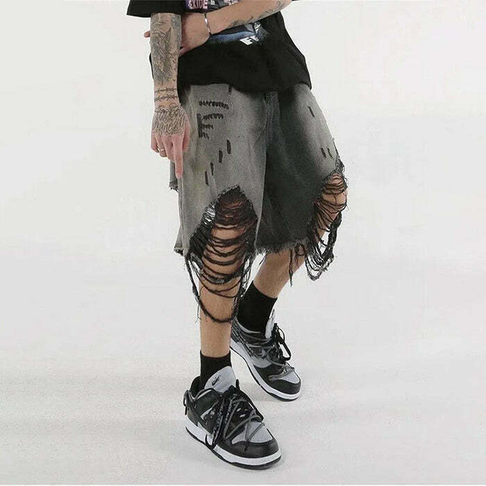 Trendy Grunge Ripped Denim Shorts with Rhinestone Fringe for Y2K Streetwear Style