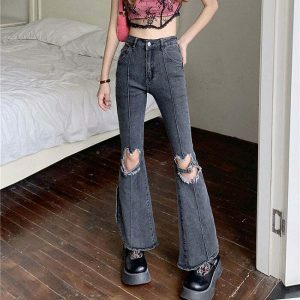 Trendy Heart Cut Out Grunge Flare Jeans for a Stylish Y2K Fashion Statement