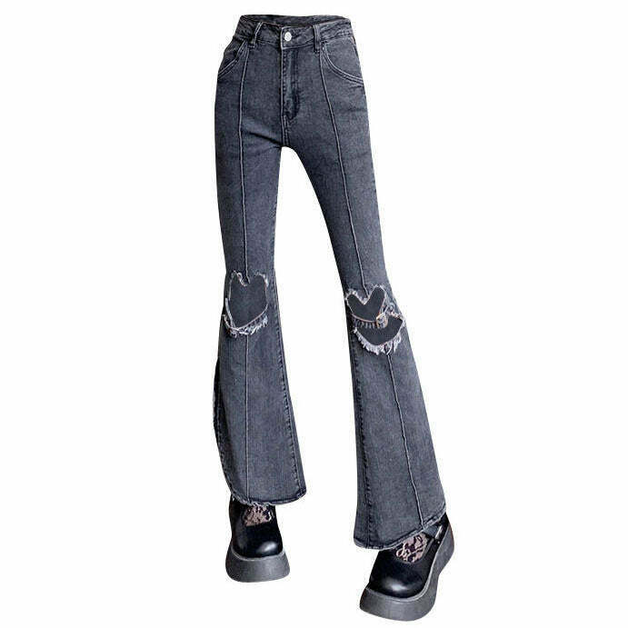 Trendy Heart Cut Out Grunge Flare Jeans for a Stylish Y2K Fashion Statement