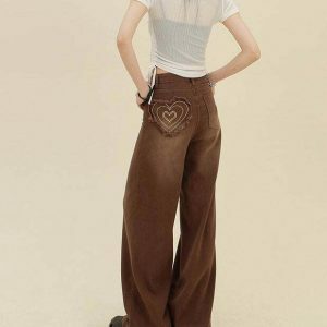 Trendy Heart Pocket Brown Jeans for Y2K Style Lovers - Stacked Ripped & Baggy Fit