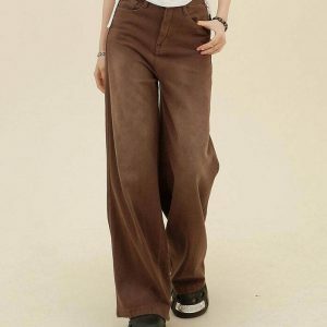 Trendy Heart Pocket Brown Jeans for Y2K Style Lovers - Stacked Ripped & Baggy Fit