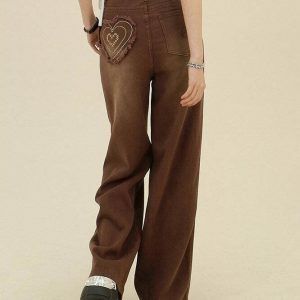 Trendy Heart Pocket Brown Jeans for Y2K Style Lovers - Stacked Ripped & Baggy Fit