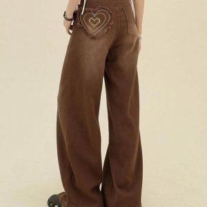 Trendy Heart Pocket Brown Jeans for Y2K Style Lovers - Stacked Ripped & Baggy Fit