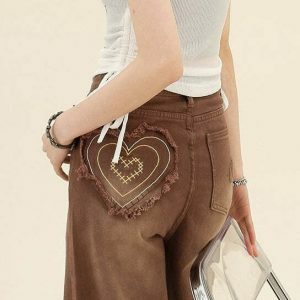 Trendy Heart Pocket Brown Jeans for Y2K Style Lovers - Stacked Ripped & Baggy Fit