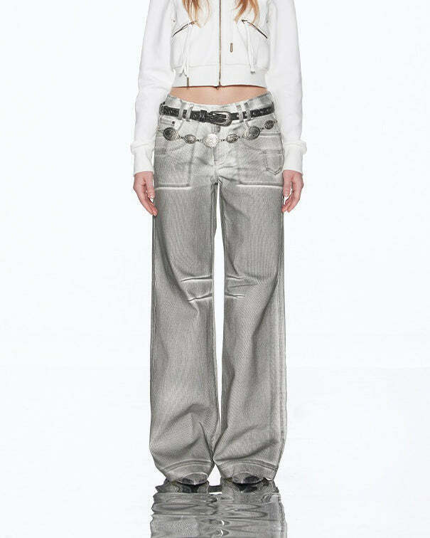 Trendy High Fashion Silver Jeans with Buckles - Embrace Y2K and Cottagecore Styles!