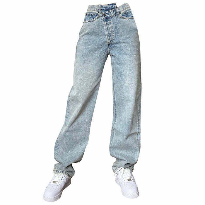 Trendy High Rise Straight Leg Jeans with Star Patch and Ripped Details for Y2K Style