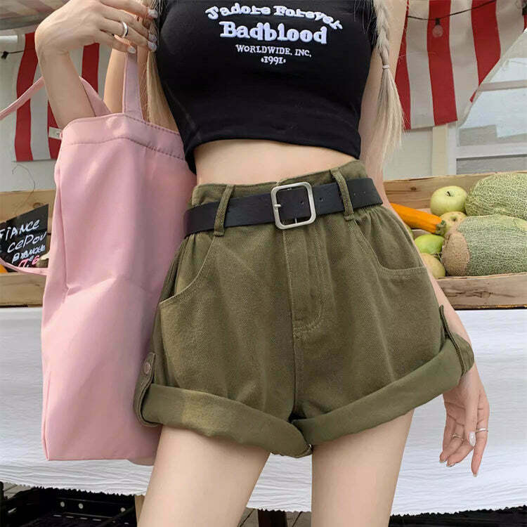 Trendy High-Waisted Khaki Shorts with Rhinestone Fringe - Y2K Style for Effortless Chic