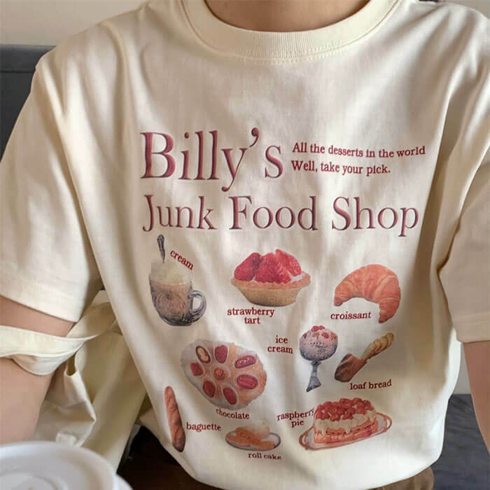 Trendy Junk Food Aesthetic T-Shirt for Y2K Style, 95% Cotton & 5% Spandex Comfort