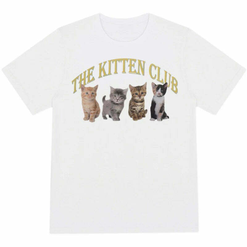 Trendy Kitten Club T-Shirt in Soft Cotton-Spandex Blend for Y2K Aesthetic Vibes